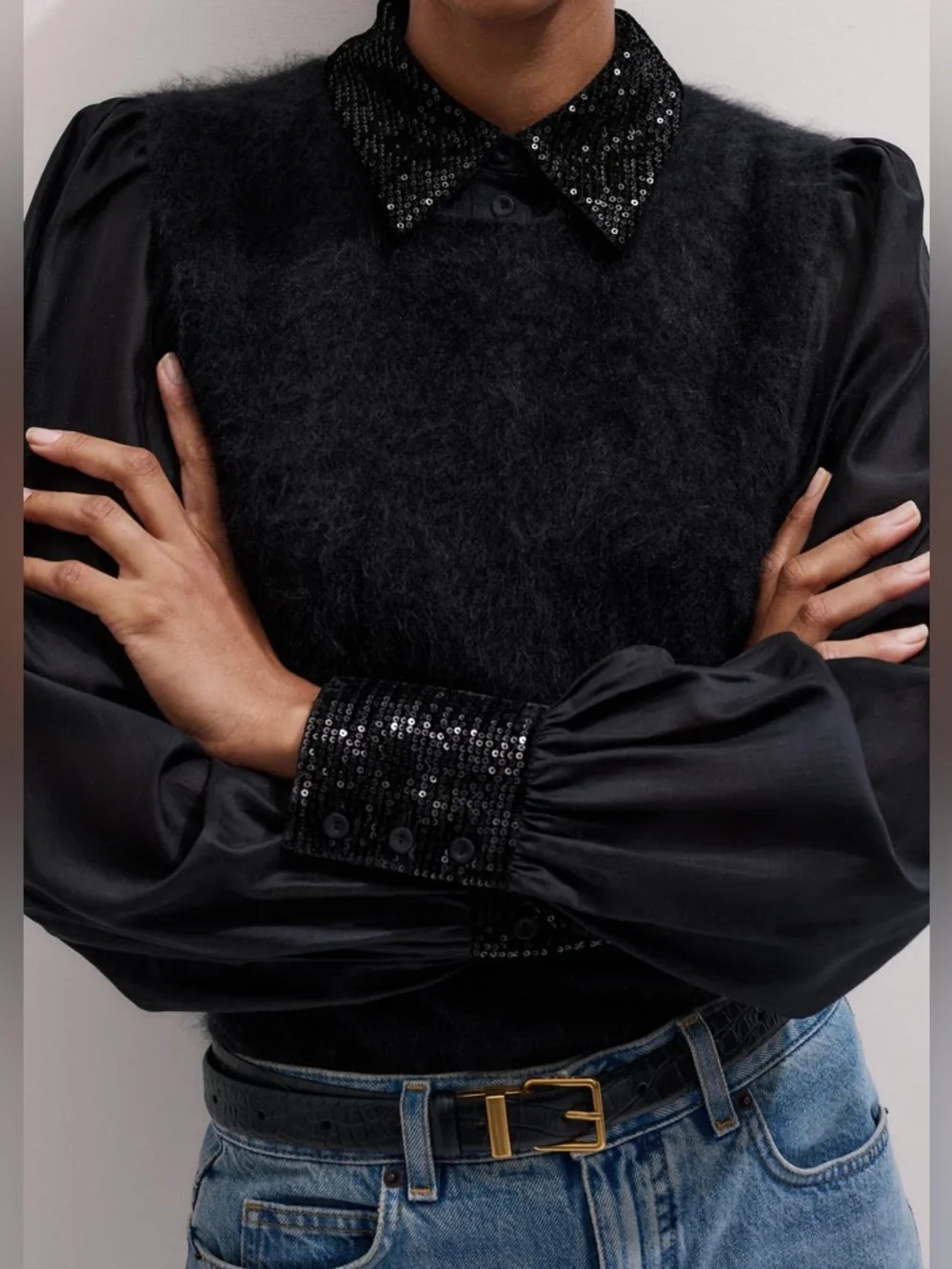 ME+EM Sequin Mixed Media Layering Shirt - Black Sz 12 - Picture 7 of 16